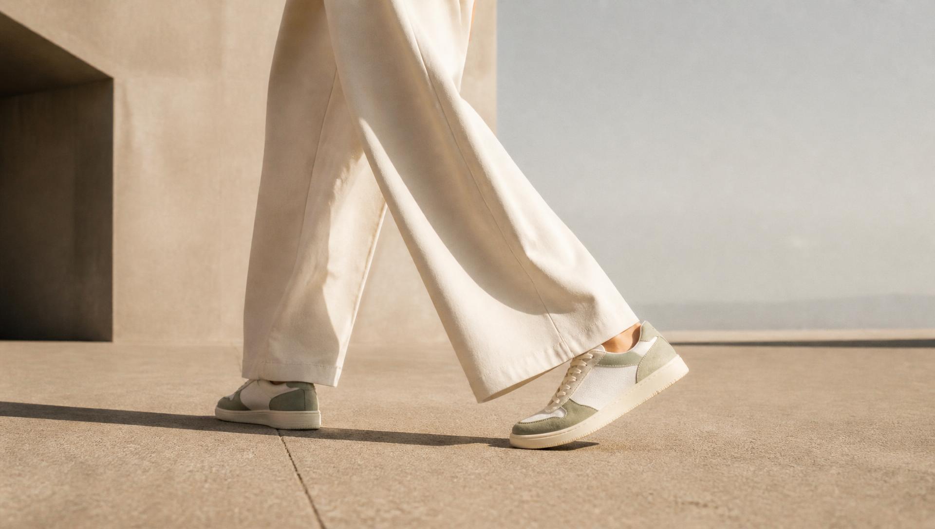 Solehaven Drift Low in sage and bone worn across a sunlit plaza