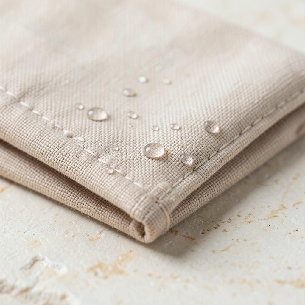 Water droplets beading on tightly woven bone canvas