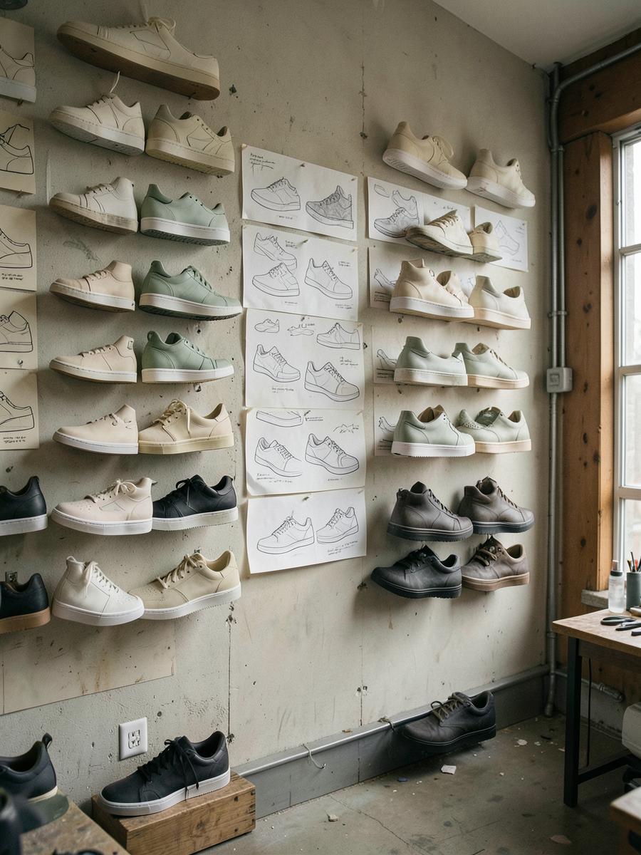 A Portland studio wall filled with Solehaven prototypes and sketches