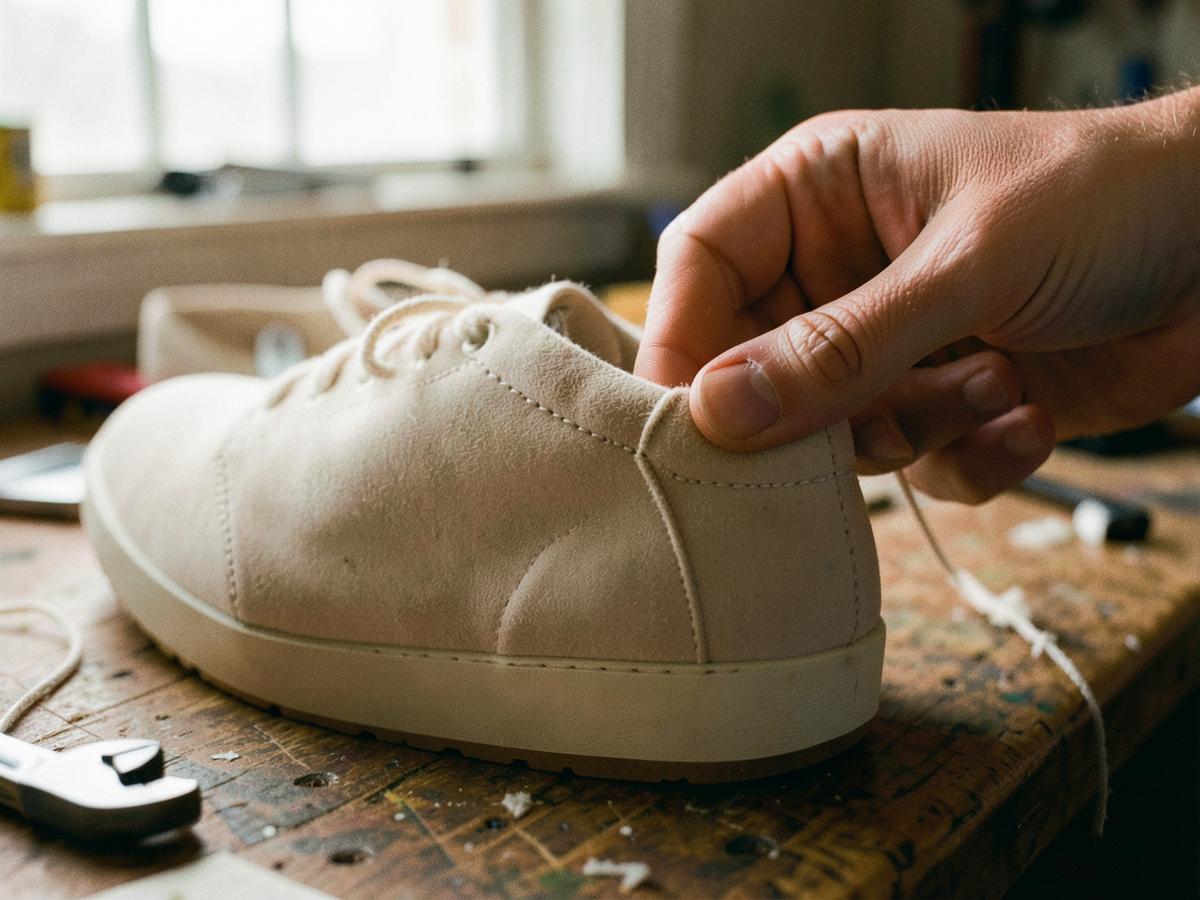 A craftsperson finishing the stitching on a bone suede sneaker