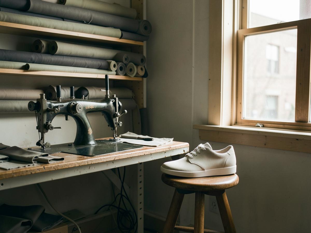 A sewing station and unfinished sneaker in the Solehaven studio