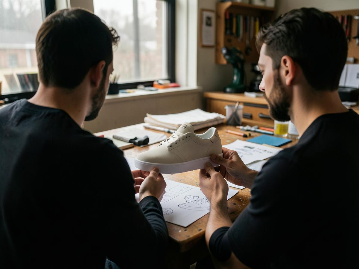 Two Solehaven designers reviewing a new sneaker prototype